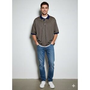 Jeff Rose Mens XL Polo Shirt Blue Tan Stripe Short Sleeve Button Up Cotton